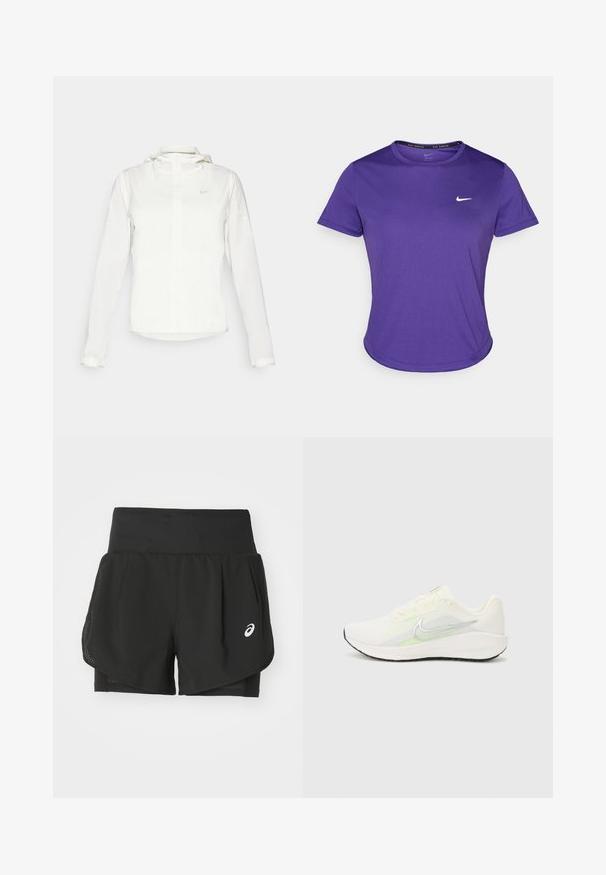 Biela Nike bunda s kapucňou, plným zipsom, elastickými manžetami a jemným logom na hrudi. Hladká textúra a ľahký dizajn.; Fialové športové tričko vyrobené z materiálu, ktorý odvádza vlhkosť, s krátkymi rukávmi a okrúhlym výstrihom. Malé bílé logo na hrudi.; Čierne atletické šortky s priedušným sieťovaným povrchom, vnútorné šortky s hladkou textúrou a bielym logom na ľavej strane.; Nike Performance DOWNSHIFTER 13 - Cestná bežecká obuv - sail/silver-coloured photon dust/summit white/barely volt/black