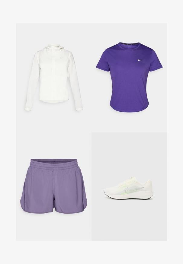 Balta Nike jaka ar kapuci, pilna rāvējslēdzēja, elastīgām piedurknēm un diskrētu logotipu uz krūšu daļas. Gluda tekstūra un viegla konstrukcija.; Violets sporta krekls, izgatavots no mitruma uzsūcoša auduma, ar īsām piedurknēm un apaļu kakla izgriezumu. Mazs balts logos uz krūtīm.; Lavandas sporta šorti ar elastīgu jostu, sānu slēgumiem un gludu, vieglu audumu. Vienkāršs dizains bez papildu akcentiem.; Nike Performance DOWNSHIFTER 13 - Apavi skriešanai pa asfaltu - sail/silver-coloured photon dust/summit white/barely volt/black