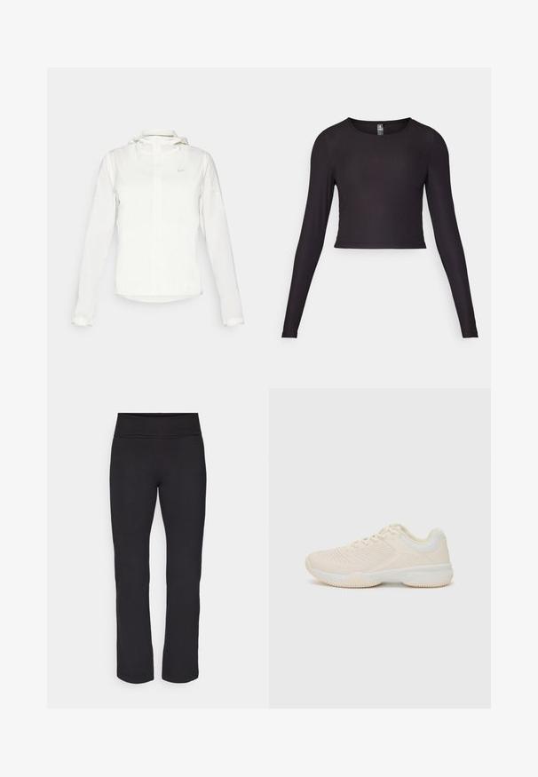 Biela Nike bunda s kapucňou, plným zipsom, elastickými manžetami a jemným logom na hrudi. Hladká textúra a ľahký dizajn.; Čierny dlhý rukáv, skrátený top vyrobený z rebrovanej látky. Má okrúhly výstrih a priliehavý strih s textúrovaným povrchom.; Čierne legíny s hladkým, elastickým materiálom a širokým pásom. Majú rovné, celkovou dĺžkou nohy a žiadne viditeľné vzory ani akcenty.; Svetlo béžová športová obuv s textúrovaným zvrškom, kontrastnými bielymi akcentmi, okrúhlou špičkou a flexibilnou gumovou podrážkou.