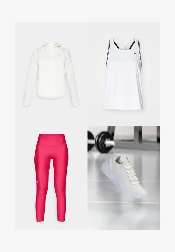 White Nike jacket with a hood, full zip, elastic cuffs, and a subtle logo on the chest. Smooth texture and lightweight design.; White athletic tank top with thin black straps featuring logo and text print, made of lightweight, breathable fabric; loose fit.; Fitted leggings in bright pink, made of smooth, stretchy fabric. Features a high waistband and a small logo in white on the lower leg.; White athletic sneaker with a textured mesh upper and lacing system, featuring a cushioned white sole and subtle ribbed accents.