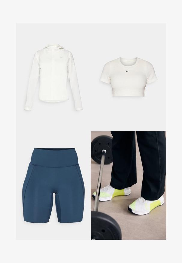 Balta Nike striukė su gobtuvu, pilnu užtrauktuku, elastingomis rankovėmis ir subtiliu logotipu ant krūtinės. Sklandi tekstūra ir lengvas dizainas.; Trumpas baltas marškinėliai, pagaminti iš raukšlėto audinio, su trumpomis rankovėmis ir apvališkiu kaklu; ant krūtinės yra mažas juodas Nike logotipas.; Tamsiai mėlynos treniruočių šortai su aukštu juosmeniu, lygia tekstūra ir plokščiomis siūlėmis. Yra prigludusios konstrukcijos, kuri siekia vidurinę šlaunį.; Nike Performance METCON 9 - Avalynė treniruotėms - white/volt cyber/summit white/black