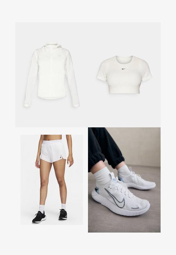 White Nike jacket with a hood, full zip, elastic cuffs, and a subtle logo on the chest. Smooth texture and lightweight design.; Cropped white T-shirt made of ribbed fabric with short sleeves and a round neck; features a small black Nike logo on the chest.; White athletic shorts with a ribbed waistband, side slits, and a black Nike logo. Worn with black sneakers and white crew socks.; White Nike sneakers with a textured knit upper, blue accents, and a prominent black swoosh. Lightweight sole with a flex groove design.