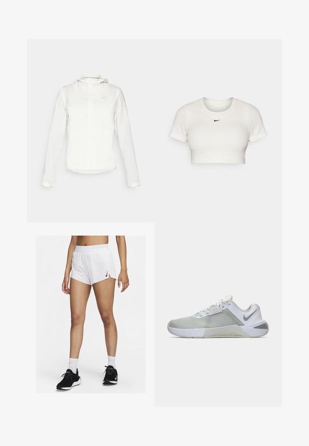Weiße Nike-Jacke mit Kapuze, durchgehendem Reißverschluss, elastischen Bündchen und einem dezenten Logo auf der Brust. Glatte Textur und leichtes Design.; Abgeschnittenes weißes T-Shirt aus geripptem Stoff mit kurzen Ärmeln und Rundhalsausschnitt; mit kleinem schwarzen Nike-Logo auf der Brust.; Weiße sportliche Shorts mit einem gerippten Bündchen, seitlichen Schlitzen und einem schwarzen Nike-Logo. Kombiniert mit schwarzen Turnschuhen und weißen Sportsocken.; Weiße und graue Sportschuhe aus strukturiertem Stoff, mit gepolstertem Schaft und Gummisohle. Verfügt über ein Seitenlogo und dreidimensionale Details auf dem Obermaterial.