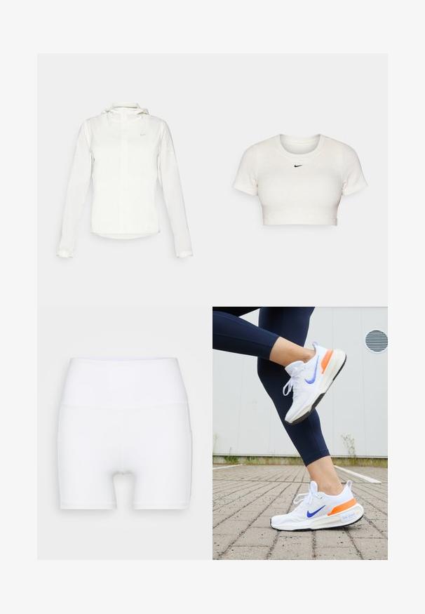 Veste blanche Nike avec capuche, fermeture éclair intégrale, poignets élastiques et un logo discret sur la poitrine. Texture lisse et design léger.; T-shirt blanc court en tissu côtelé avec des manches courtes et un col rond ; présente un petit logo Nike noir sur la poitrine.; Shorts blancs taille haute en tissu extensible. Fabriqués avec une texture lisse et un design ajusté, sans motifs ni accessoires supplémentaires.; Chaussure de course Nike, principalement blanche avec un swoosh violet et un accent orange. Présente un dessus en tissu texturé et une semelle rembourrée.