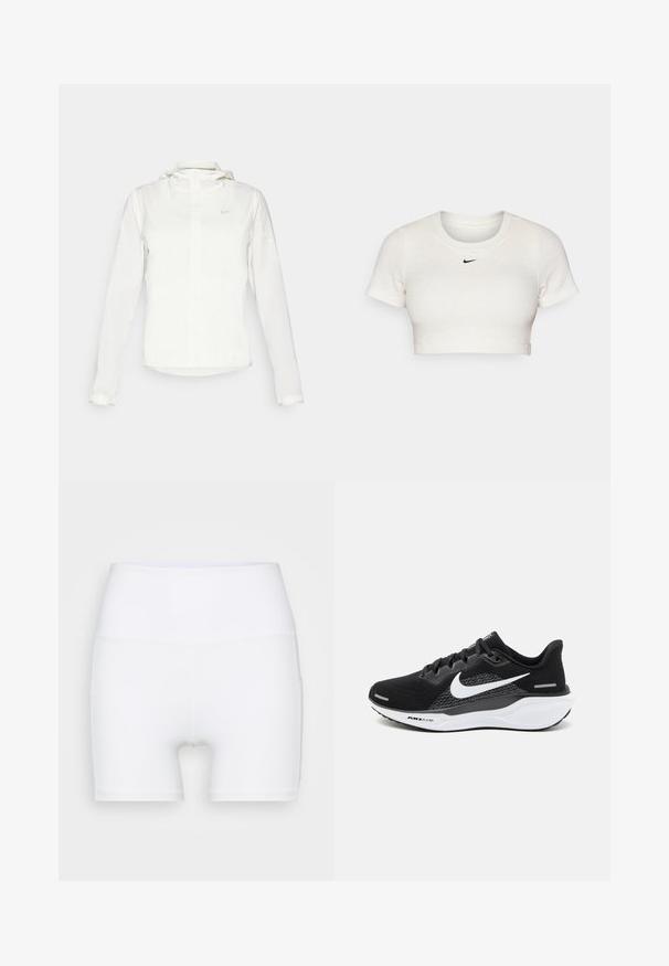 White Nike jacket with a hood, full zip, elastic cuffs, and a subtle logo on the chest. Smooth texture and lightweight design.; Cropped white T-shirt made of ribbed fabric with short sleeves and a round neck; features a small black Nike logo on the chest.; White high-waisted shorts made from stretch fabric. Features a smooth texture and fitted design, with no additional patterns or hardware.; Black athletic shoe featuring a mesh upper, a white Nike swoosh, and a white cushioned sole with textured details.