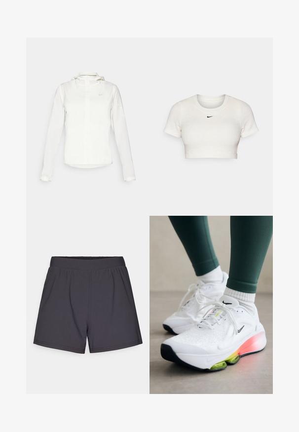 Bijela Nike jakna s kapuljačom, punim zatvaračem, elastičnim manžetama i suptilnim logotipom na prsima. Glatka textura i lagan dizajn.; Skraćeni bijeli T-shirt od rebrastog materijala s kratkim rukavima i okruglim izrezom; sadrži mali crni Nike logo na prsima.; Crne sportske kratke hlače izrađene od lagane, rastezljive tkanine. Imaju elastičnu sredinu i jednostavan, neukrašen dizajn.; Nike Performance VERSAIR - Tenisice za trening - white/cyber volt/black