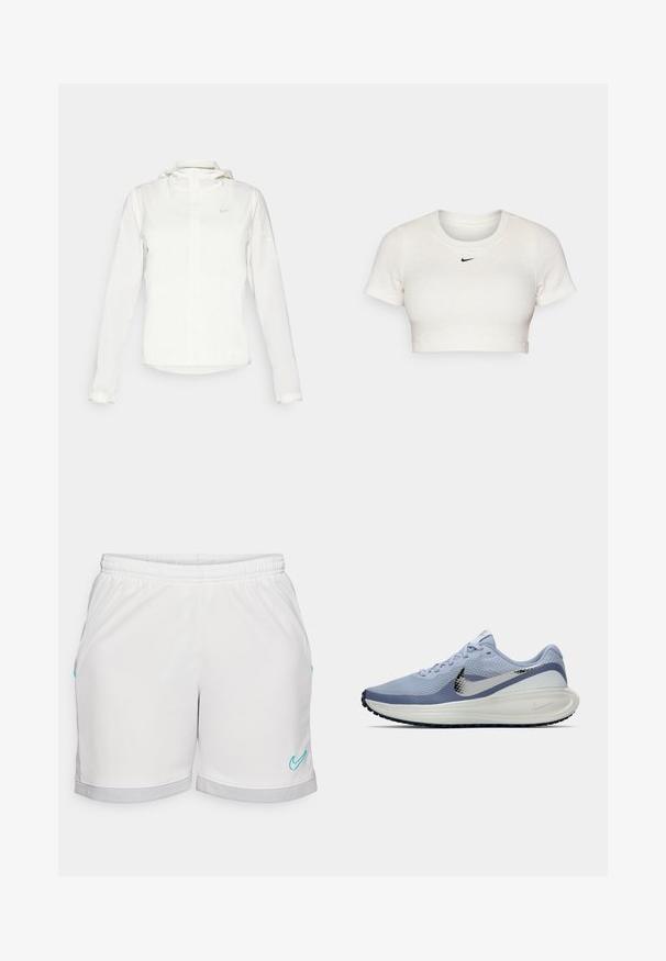 Casaco branco da Nike com capuz, fecho completo, punhos elásticos e um logótipo subtil no peito. Textura suave e design leve.; T-shirt branca cropped feita de tecido canelado com mangas curtas e decote redondo; apresenta um pequeno logótipo preto da Nike no peito.; Calções atléticos brancos com uma cintura elástica, apresentando detalhes em turquesa e uma bainha em malha cinza. Textura de tecido lisa, corte reto.; Sapatilha de corrida Nike azul claro e branca com o swoosh prateado, parte superior de malha respirável, sola acolchoada e sola preta.