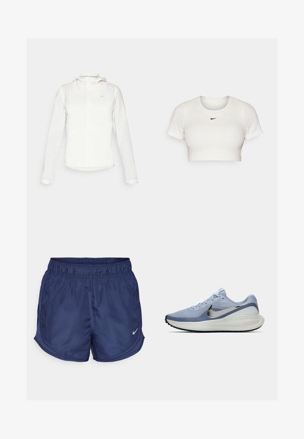 Valge Nike jakker, millel on kapuuts, täispikk tõmblukk, elastsed mansetid ja diskreetne logo rinnal. Sile tekstuur ja kerge disain.; Lühikeste varrukatega ja ümmarguse kaelusega lühikeste ülevalt lõigatud valge T-särk, mis on valmistatud soonikkoest; rinnal on väike must Nike'i logo.; Laevanduse spordilühikesed püksid elastse vööga ja külgmiste võrkdetailidega. Vasakul alapoole on väike valge Nike logo.; Heledadsinine ja valge Nike jooksutoss, millel on hõbedane swoosh, hingav võrkmaterjal, pehmendatud tallad ja must välispind.