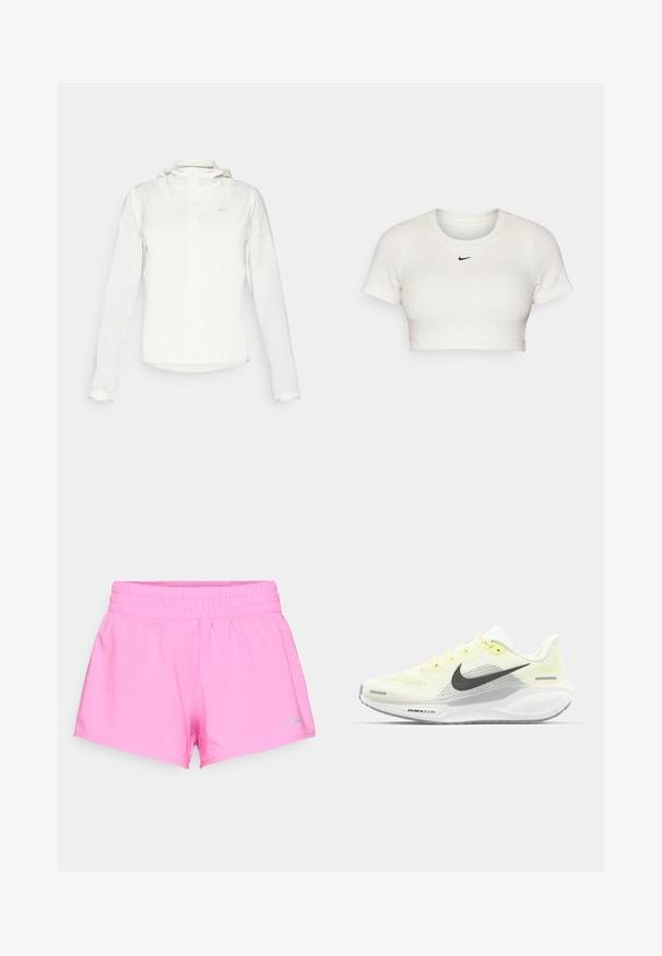 Weiße Nike-Jacke mit Kapuze, durchgehendem Reißverschluss, elastischen Bündchen und einem dezenten Logo auf der Brust. Glatte Textur und leichtes Design.; Abgeschnittenes weißes T-Shirt aus geripptem Stoff mit kurzen Ärmeln und Rundhalsausschnitt; mit kleinem schwarzen Nike-Logo auf der Brust.; Helle rosa Sportshorts mit elastischem Bund und kleinem grauen Nike-Logo am unteren linken Saum vor weißem Hintergrund.; Nike Laufschuhe mit einem hellgelben und weißen Mesh-Obermaterial, grauen Akzenten und einer flexiblen Gummisohle. Verfügt über einen Schnürverschluss.