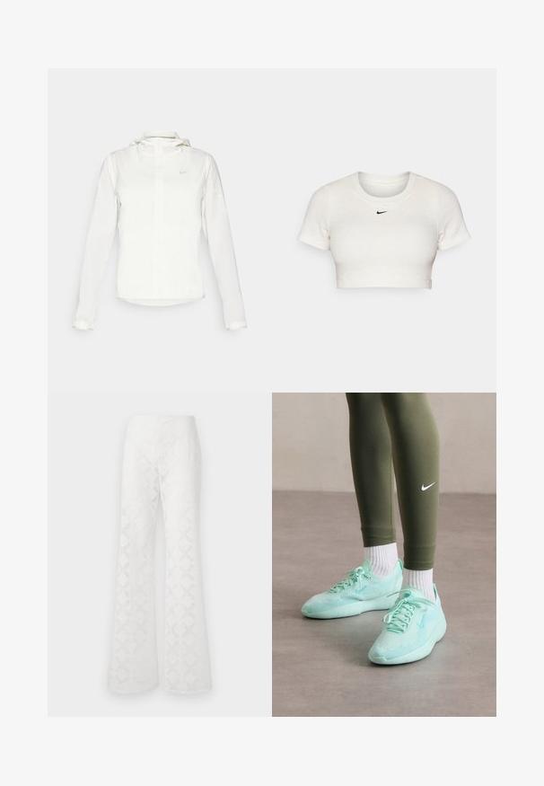 Balta Nike jaka ar kapuci, pilna rāvējslēdzēja, elastīgām piedurknēm un diskrētu logotipu uz krūšu daļas. Gluda tekstūra un viegla konstrukcija.; Kropēts balts T-krekls no ribota auduma ar īsām piedurknēm un apaļu kaklu; ar mazu melnu Nike logotipu uz krūtīm.; Biezi baltie bikses ar plats kājām, izgatavotas no strukturētas auduma, kas rotāts ar dimanta rakstu. Jostasvieta ir gluda, bez redzamām detaļām vai aksesuāriem.; Gaiši piparmētru zaļi Nike sporta apavi ar acu uzbūvi un faktūrētu zoli, kombinēti ar olīvzaļām legingām un baltām zeķēm.