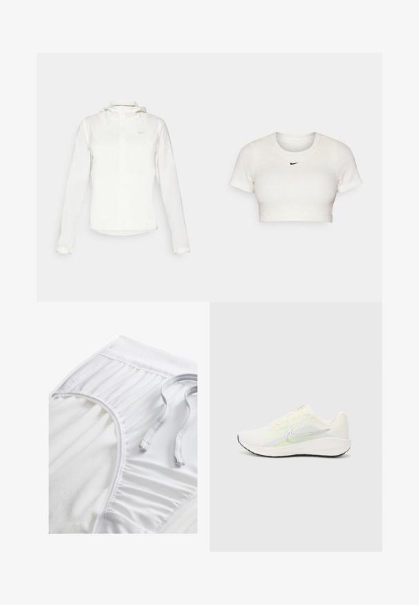 Casaco branco da Nike com capuz, fecho completo, punhos elásticos e um logótipo subtil no peito. Textura suave e design leve.; T-shirt branca cropped feita de tecido canelado com mangas curtas e decote redondo; apresenta um pequeno logótipo preto da Nike no peito.; Calções atléticos brancos com um cós texturizado, detalhes laterais franzidos e um cordão liso. Tecido suave com acabamento suave.; Nike Performance DOWNSHIFTER 13 - Sapatos para corrida em estrada - sail/silver-coloured photon dust/summit white/barely volt/black