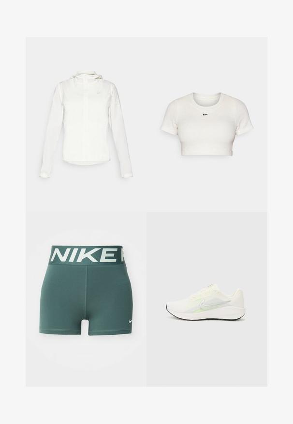 Casaco branco da Nike com capuz, fecho completo, punhos elásticos e um logótipo subtil no peito. Textura suave e design leve.; T-shirt branca cropped feita de tecido canelado com mangas curtas e decote redondo; apresenta um pequeno logótipo preto da Nike no peito.; Calções de desporto verdes com um largo cós elástico apresentando "NIKE" em cor clara, e um pequeno logótipo branco na parte inferior da perna direita.; Nike Performance DOWNSHIFTER 13 - Sapatos para corrida em estrada - sail/silver-coloured photon dust/summit white/barely volt/black