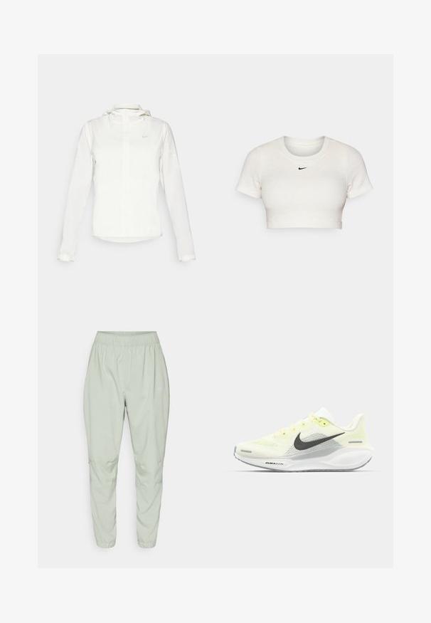 Weiße Nike-Jacke mit Kapuze, durchgehendem Reißverschluss, elastischen Bündchen und einem dezenten Logo auf der Brust. Glatte Textur und leichtes Design.; Abgeschnittenes weißes T-Shirt aus geripptem Stoff mit kurzen Ärmeln und Rundhalsausschnitt; mit kleinem schwarzen Nike-Logo auf der Brust.; Nike Performance DRI-FIT FAST - Jogginghose - jade horizon; Nike Laufschuhe mit einem hellgelben und weißen Mesh-Obermaterial, grauen Akzenten und einer flexiblen Gummisohle. Verfügt über einen Schnürverschluss.