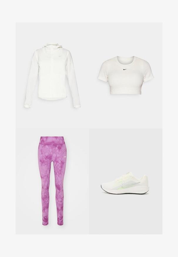 Bijela Nike jakna s kapuljačom, punim zatvaračem, elastičnim manžetama i suptilnim logotipom na prsima. Glatka textura i lagan dizajn.; Skraćeni bijeli T-shirt od rebrastog materijala s kratkim rukavima i okruglim izrezom; sadrži mali crni Nike logo na prsima.; Roze tajice s mramornim uzorkom, imaju rastezljivu pojasnicu i glatku teksturu. Logo branda je prikazan u bijeloj boji s strane.; Nike Performance DOWNSHIFTER 13 - Tenisice za cestovno trčanje - sail/silver-coloured photon dust/summit white/barely volt/black
