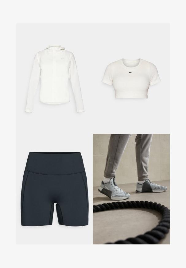 Fehér Nike dzseki kapucnival, teljes cipzárral, rugalmas mandzsettákkal és egy diszkrét logóval a mellkason. Sima textúrájú és könnyű kialakítású.; Rövidujjú, kerek nyakú, bordázott anyagból készült, cropped fehér póló; a mellkasán egy kis fekete Nike logóval.; Fekete sportos rövidnadrág, rugalmas anyagból, magas derékkal, oldalsó varrásokkal és letisztult dizájnnal a kényelem és mozgékonyság érdekében.; Szürke és fehér Nike sportcipők, texturált hálós felsőrésszel, gumitalppal és oldalsó támasztékkal. Egy fekete edzőkötélen található.