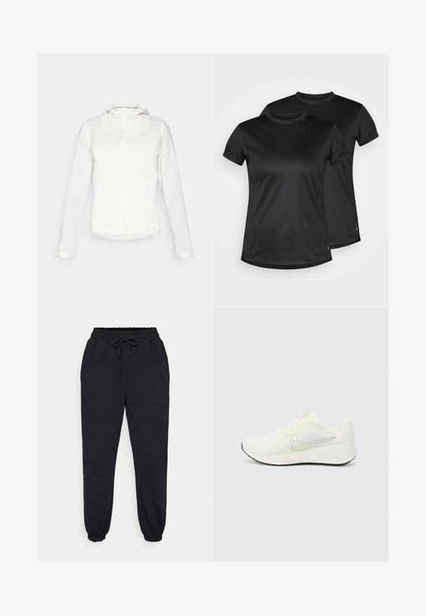 Casaco branco da Nike com capuz, fecho completo, punhos elásticos e um logótipo subtil no peito. Textura suave e design leve.; T-shirts pretas de manga curta feitas de tecido liso e respirável com gola redonda. Duas camisolas exibidas, ambas com um detalhe subtil do logótipo.; Calças de moletom pretas feitas de tecido macio, com uma cintura elástica com cordão, bolsos laterais e punhos elásticos nos tornozelos.; Nike Performance DOWNSHIFTER 13 - Sapatos para corrida em estrada - sail/silver-coloured photon dust/summit white/barely volt/black