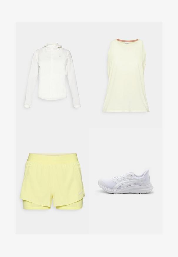 Witte Nike-jack met een capuchon, volledige rits, elastische manchetten en een subtiele logo op de borst. Gladde textuur en lichtgewicht ontwerp.; Lichtgele mouwloze tanktop van zachte stof. Ronde halslijn met een contrasterende binnenafwerking. Relaxte pasvorm met zijsplitten.; Gele sportshorts met een elastische tailleband, gelaagd ontwerp en een wit Nike-logo aan de rechteronderkant.; ASICS JOLT 4 - Hardloopschoenen voor op de weg - white/pure silver