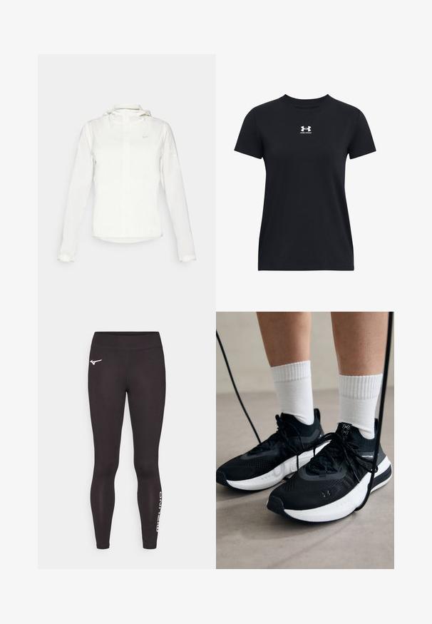 Fehér Nike dzseki kapucnival, teljes cipzárral, rugalmas mandzsettákkal és egy diszkrét logóval a mellkason. Sima textúrájú és könnyű kialakítású.; Fekete, rövid ujjú pamut póló. Kerek nyakkivágással és egy fehér Under Armour logóval a mellkason. Egyszerű, egyszínű design.; Fekete sportleggings elasztikus anyagból. Illeszkedő fazonnal, magas derékkal és fehér logóval a bal oldalon.; Fekete sportcipők textúrált anyagból, fehér talppal és fekete fűzőkkel. Fehér bordázott zoknikkal viselve, világos felületen állva.