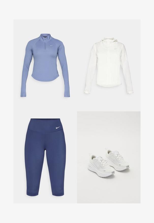 White Nike jacket with a hood, full zip, elastic cuffs, and a subtle logo on the chest. Smooth texture and lightweight design.; Light blue long-sleeve zip-up top made of smooth, stretchy material. Features a high collar and a small logo on the left chest.; Navy blue capri leggings made of stretch fabric, featuring a wide waistband and a small white logo on the left side. No visible seams.; White athletic shoes with a textured mesh upper, cushioned sole, and subtle grey accents. Includes branding and looped heel tab for easy wear.