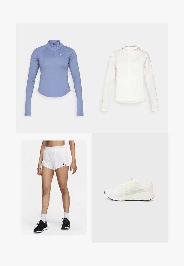 White Nike jacket with a hood, full zip, elastic cuffs, and a subtle logo on the chest. Smooth texture and lightweight design.; Light blue long-sleeve zip-up top made of smooth, stretchy material. Features a high collar and a small logo on the left chest.; White athletic shorts with a ribbed waistband, side slits, and a black Nike logo. Worn with black sneakers and white crew socks.; Nike Performance DOWNSHIFTER 13 - Road running shoes - sail/silver-coloured photon dust/summit white/barely volt/black