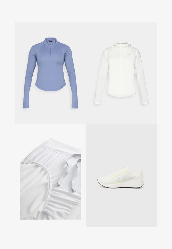 Hvit Nike-jakke med hette, hel glidelås, elastiske mansjetter og en diskret logo på brystet. Glatt tekstur og lett design.; Lyseblå langermet zip-up topp laget av glatt, elastisk materiale. Har en høy krage og en liten logo på venstre bryst.; Hvite treningse shorts med strukturert midjebånd, samlede side detaljer og flat snøring. Myk stoff med glatt overflate.; Nike Performance DOWNSHIFTER 13 - Løpesko for vei - sail/silver-coloured photon dust/summit white/barely volt/black