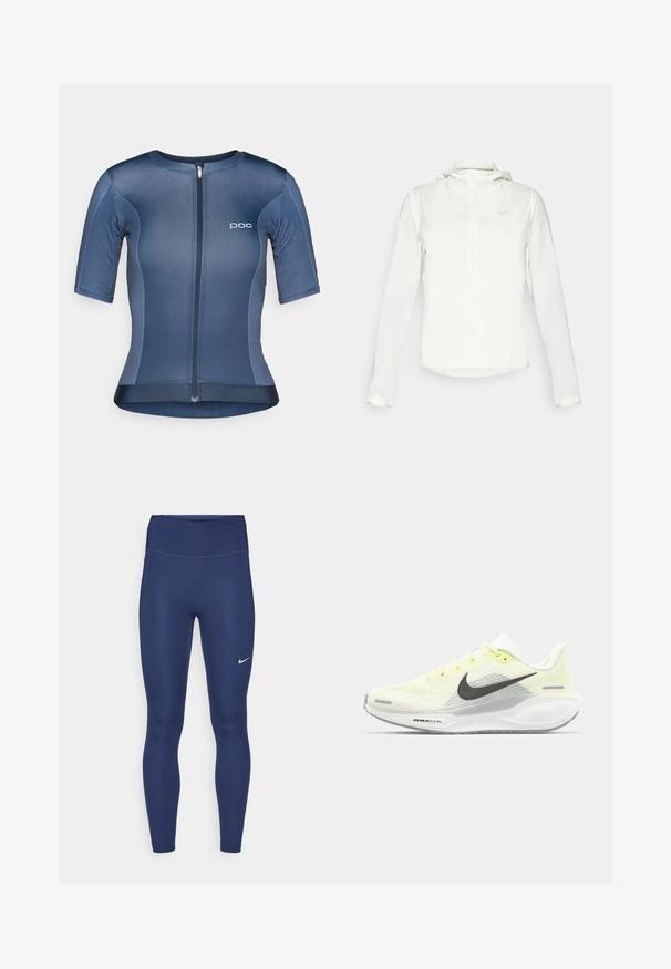 Veste blanche Nike avec capuche, fermeture éclair intégrale, poignets élastiques et un logo discret sur la poitrine. Texture lisse et design léger.; Maillot de cyclisme à manches courtes en tissu bleu lisse et extensible, avec une fermeture éclair à l'avant, un logo POC et un ourlet légèrement arrondi.; Leggings navy avec une taille haute, fabriqués en tissu extensible. Présentent des coutures discrètes et un petit logo Nike blanc sur la cuisse gauche.; Baskets de course Nike avec une tige en mesh jaune clair et blanche, des accents gris et une semelle en caoutchouc flexible. Présentent un système de laçage.