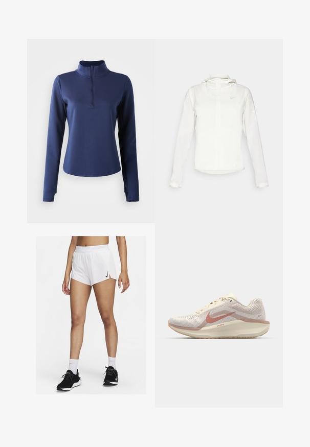 White Nike jacket with a hood, full zip, elastic cuffs, and a subtle logo on the chest. Smooth texture and lightweight design.; Navy long-sleeve top with a high collar and a quarter zip. Smooth texture, fitted design, and stitching details around the neckline.; White athletic shorts with a ribbed waistband, side slits, and a black Nike logo. Worn with black sneakers and white crew socks.; Lightweight running shoe in pale beige mesh with pink accents. Features a cushioned sole and a breathable upper for comfort and support.