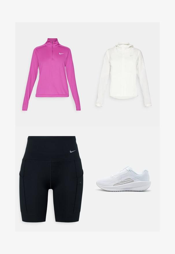 Valge Nike jakker, millel on kapuuts, täispikk tõmblukk, elastsed mansetid ja diskreetne logo rinnal. Sile tekstuur ja kerge disain.; Nike Performance DRI-FIT PACER - Pikkade varrukatega topp - hot fuchsia; Mustad kõrge vöökohaga sportlikud lühikesed püksid, valmistatud venivast materjalist; külgedel on taskud ja vööl väike Nike logo.; Valge sportlik king, millel on võrgusilmast ülemine osa, ümar varvas ja tekstureeritud tallad. Omab hõbedast Nike logo ja minimalistikku disaini.
