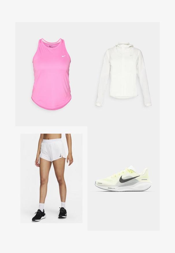 Chaqueta blanca de Nike con capucha, cremallera completa, puños elásticos y un logo sutil en el pecho. Textura suave y diseño ligero.; Top atlético rosa sin mangas con dobladillo redondeado, hecho de una tela suave y ligera; presenta un pequeño logo blanco de Nike en el frente.; Pantalones cortos deportivos blancos con cinturilla acanalada, aberturas laterales y un logo negro de Nike. Se llevan con zapatillas negras y calcetines blancos hasta la mitad de la pantorrilla.; Zapatillas de correr Nike con una parte superior de malla en amarillo claro y blanco, detalles en gris y una suela de goma flexible. Cuenta con un cierre de cordones.