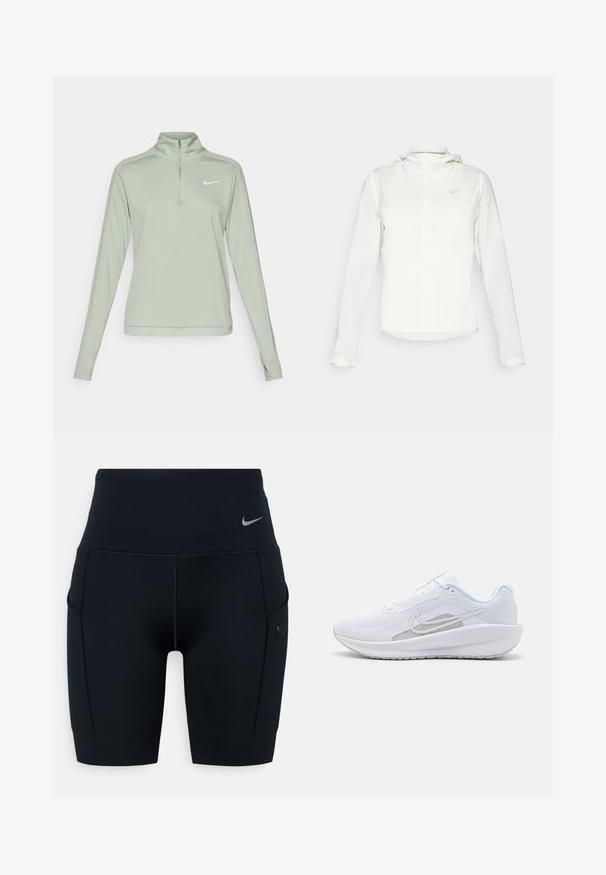 Hvit Nike-jakke med hette, hel glidelås, elastiske mansjetter og en diskret logo på brystet. Glatt tekstur og lett design.; Nike Performance DRI-FIT PACER - Topper langermet - jade horizon; Svart høyverdig trening shorts laget av elastisk materiale; har sidelommer og en liten Nike-logo på midjen.; Hvit sportssko med mesh-overdel, rund tå og teksturert såle. Har en sølvfarget Nike swoosh og et minimalistisk design.
