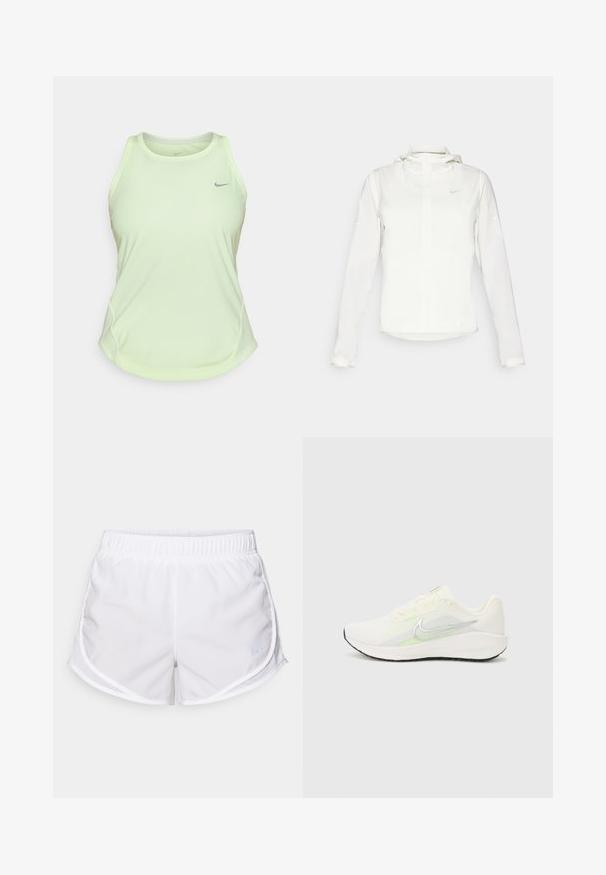 Bijela Nike jakna s kapuljačom, punim zatvaračem, elastičnim manžetama i suptilnim logotipom na prsima. Glatka textura i lagan dizajn.; Svijetlozeleni atletski top bez rukava izrađen od prozračnog materijala, s okruglim izrezom, širokim naramenicama i malim sivim logotipom na prsima.; Bijeli atletski šortsevi izrađeni od lagane, prozračne tkanine. Imaju elastični pojas i mrežaste bočne panele, s malim plavim logotipom.; Nike Performance DOWNSHIFTER 13 - Tenisice za cestovno trčanje - sail/silver-coloured photon dust/summit white/barely volt/black