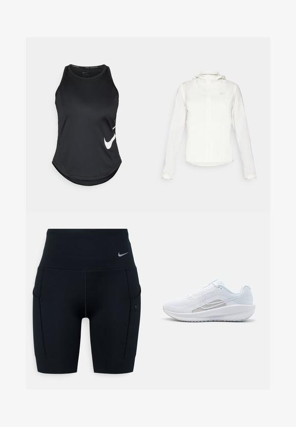 Hvid Nike-jakke med hætte, fuld lynlås, elastiske manchetter og et diskret logo på brystet. Glat tekstur og let design.; Sort atletisk tanktop lavet af glat stof, med en buet bund og et fremtrædende hvidt Nike-logo på venstre side.; Sorte højtaljede atletiske shorts lavet af strækbart materiale; har sidelommer og et lille Nike-logo på taljen.; Hvid træningssko med mesh-overdel, rund tå og tekstureret sål. Har et sølvfarvet Nike-swoosh og et minimalistisk design.