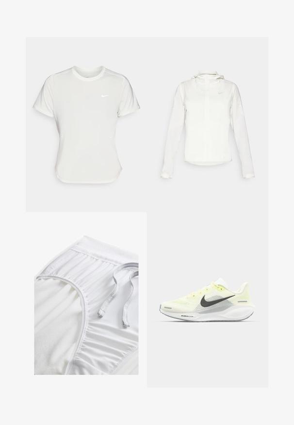 Hvid Nike-jakke med hætte, fuld lynlås, elastiske manchetter og et diskret logo på brystet. Glat tekstur og let design.; Nike T-shirt i hvid, med korte ærmer, rund halsudskæring, lavet af et glat, let stof. Har et diskret logo på brystet.; Hvide atletiske shorts med en tekstureret talje, sammensnørede sideløsninger og en flad snoretræk. Blødt stof med en glat overflade.; Nike løbesko med en lys gul og hvid mesh-overdel, grå detaljer og en fleksibel gummisål. Har snørebånds Lukning.