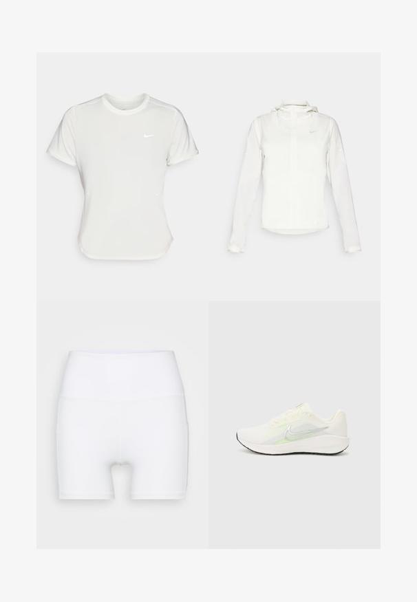 Biela Nike bunda s kapucňou, plným zipsom, elastickými manžetami a jemným logom na hrudi. Hladká textúra a ľahký dizajn.; Biele tričko Nike s krátkym rukávom a okrúhlym výstrihom, vyrobené z hladkej a ľahkej látky. Na hrudi má nenápadné logo.; Biele vysoké šortky vyrobené z elastického materiálu. Majú hladkú textúru a prispôsobený strih, bez ďalších vzorov alebo kovania.; Nike Performance DOWNSHIFTER 13 - Cestná bežecká obuv - sail/silver-coloured photon dust/summit white/barely volt/black