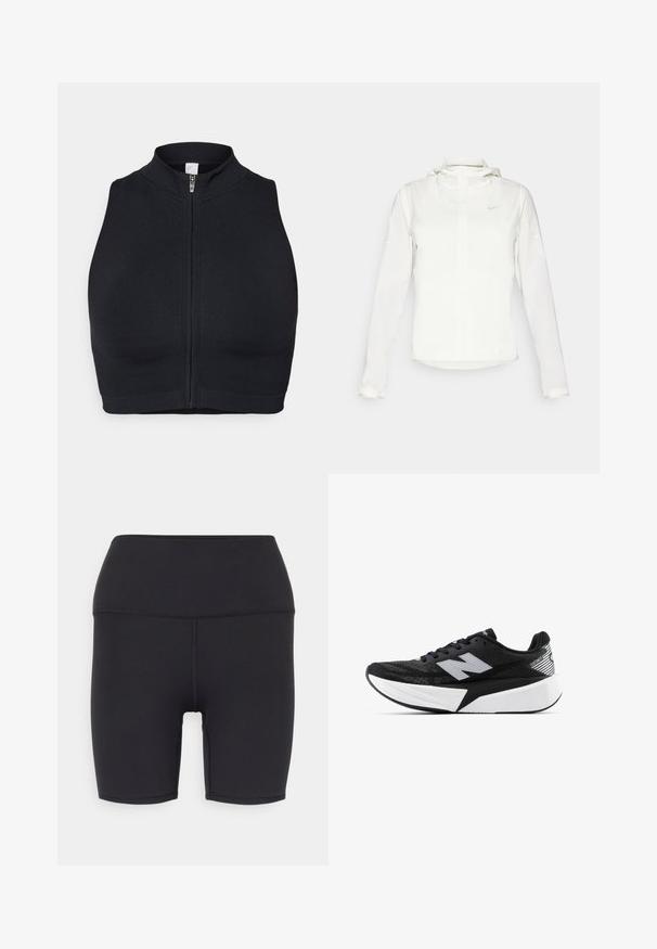 Jachetă albă Nike cu glugă, fermoar pe toată lungimea, manșete elastice și un logo subtil pe piept. Textură netedă și design ușor.; Top sport negru, scurt, cu guler înalt și fermoar frontal. Fabricat dintr-un material elastic, cu o textură netedă și cusături minime.; Șorturi atletice negre din material elastic, cu un funnel înalt, textură netedă și fără modele sau accesorii vizibile.; Pantof de alergare New Balance alb-negru, cu talpă groasă, parte superioară din plasă și logo-ul "N" pe lateral, văzut din partea exterioară.