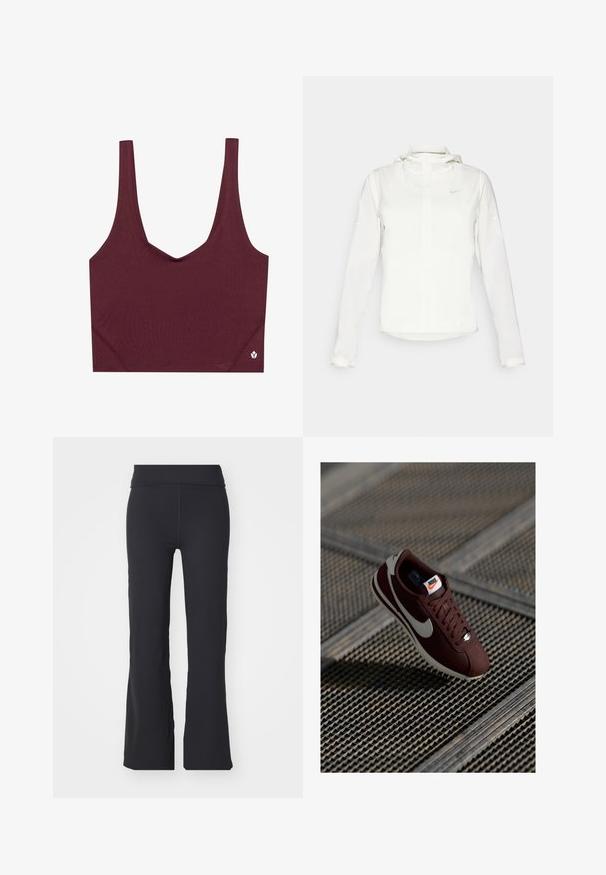 Bela Nike jakna s kapuco, polno zadrgo, elastičnimi manšetami in diskretnim logotipom na prsih. Gladka tekstura in lahko oblikovanje.; Burgundski športni modrček z obliko v-izreza, izdelan iz gladkega materiala. Ima široke naramnice in majhen logotip na spodnjem desnem delu.; Črne razširjene hlače iz raztegljive tkanine z visokim pasom. Imajo čiste linije in gladko teksturo, primerne za vsakodnevno nošenje.; Nike superge z burgundskim zgornjim delom, s kremasto swoosh oznako, zapiranjem na vezalko in belim podplatom, postavljene na teksturirano površino.