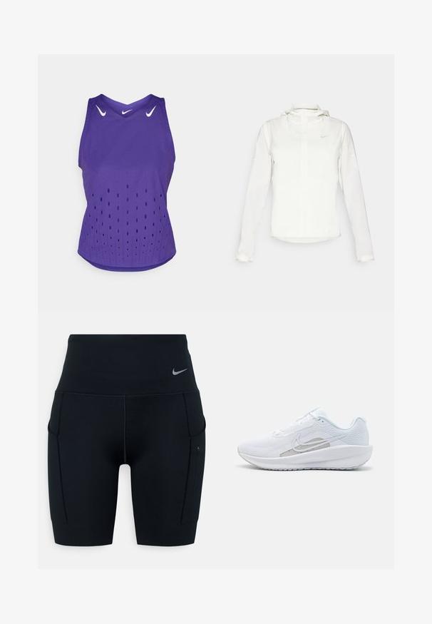 Hvit Nike-jakke med hette, hel glidelås, elastiske mansjetter og en diskret logo på brystet. Glatt tekstur og lett design.; Lilla idretts tank topp med v-hals, med hvite Nike-logoer og perforerte prikkemønstre for ventilasjon. Mykt stoff, ermeløs design.; Svart høyverdig trening shorts laget av elastisk materiale; har sidelommer og en liten Nike-logo på midjen.; Hvit sportssko med mesh-overdel, rund tå og teksturert såle. Har en sølvfarget Nike swoosh og et minimalistisk design.
