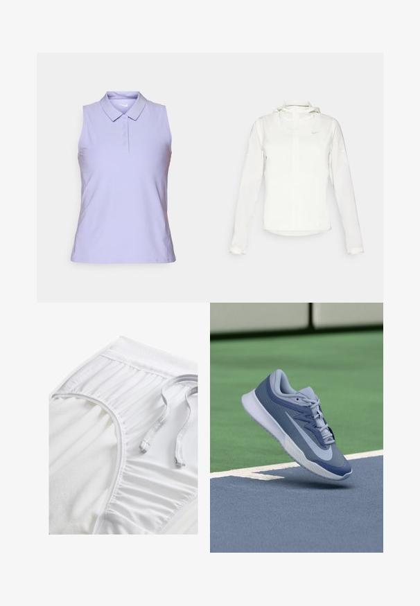 Balta Nike jaka ar kapuci, pilna rāvējslēdzēja, elastīgām piedurknēm un diskrētu logotipu uz krūšu daļas. Gluda tekstūra un viegla konstrukcija.; Bez piedurknēm polo krekls gaiši zilos auduma toņos, ar apkakli, pogu slēdzi un smalku Nike logo uz kakla. Gluda tekstūra.; Balti sporta šorti ar teksturētu jostasvietu, salocītu sānu detaļām un izlīdzenu auklu. Mīksts audums ar gludu apdari.; Sporta apavi gaiši zilā un tumši zilā krāsā, ar strukturētu augšējo daļu, plakanu šņoru un vieglu balto zoli. Novietoti virs laukuma virsmas.