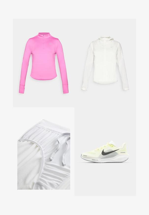 Weiße Nike-Jacke mit Kapuze, durchgehendem Reißverschluss, elastischen Bündchen und einem dezenten Logo auf der Brust. Glatte Textur und leichtes Design.; Langärmliges pinkes Sportoberteil mit einem Halb-Reißverschluss-Kragen, eng anliegender Passform, runder Saum und reflektierendem Nike-Logo auf der oberen linken Seite. Weicher, dehnbarem Stoff.; Weiße Sportshorts mit einem strukturierten Taillenbund, gerafften Seitendetails und einem flachen Kordelzug. Weicher Stoff mit glatter Oberfläche.; Nike Laufschuhe mit einem hellgelben und weißen Mesh-Obermaterial, grauen Akzenten und einer flexiblen Gummisohle. Verfügt über einen Schnürverschluss.