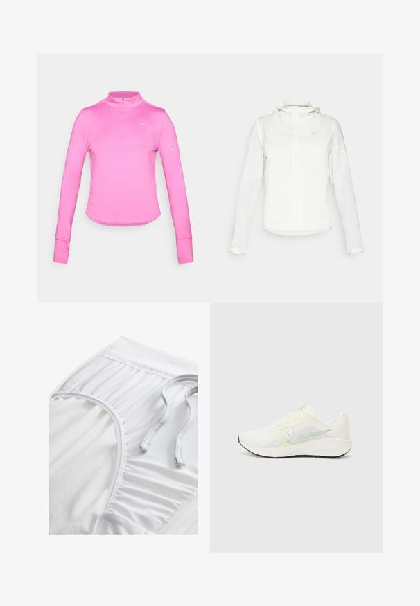 Valge Nike jakker, millel on kapuuts, täispikk tõmblukk, elastsed mansetid ja diskreetne logo rinnal. Sile tekstuur ja kerge disain.; Pikad varrukad, roosa sportlik topp poole lukuga kraega, sobib hästi kehakujule, ümara hemiga ning peegelduv Nike logo vasakul ülaservas. Pehme ja veniv materjal.; Valged sportlikud lühikesed püksid tekstureeritud vööosaga, kogutud külgedetailidega ja lameda tõmblukuga. Pehme kangas siledast viimistlusest.; Nike Performance DOWNSHIFTER 13 - Maanteejooksu jalatsid - sail/silver-coloured photon dust/summit white/barely volt/black