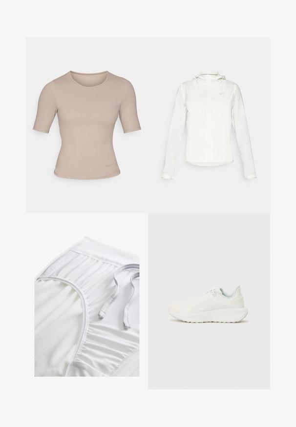 Weiße Nike-Jacke mit Kapuze, durchgehendem Reißverschluss, elastischen Bündchen und einem dezenten Logo auf der Brust. Glatte Textur und leichtes Design.; Beige kurzärmliges Oberteil in figurnaher Passform, aus glattem Stoff mit rundem Ausschnitt. Besitzt minimale Nähdetails und ein Etikett am Saum.; Weiße Sportshorts mit einem strukturierten Taillenbund, gerafften Seitendetails und einem flachen Kordelzug. Weicher Stoff mit glatter Oberfläche.; Weiße Sportschuhe mit einer strukturierten Oberseite, gepolstertem Schuhkragen und Schnürverschluss. Verfügt über eine gebogene Außensohle und dezente Markenkennzeichnung an der Seite.