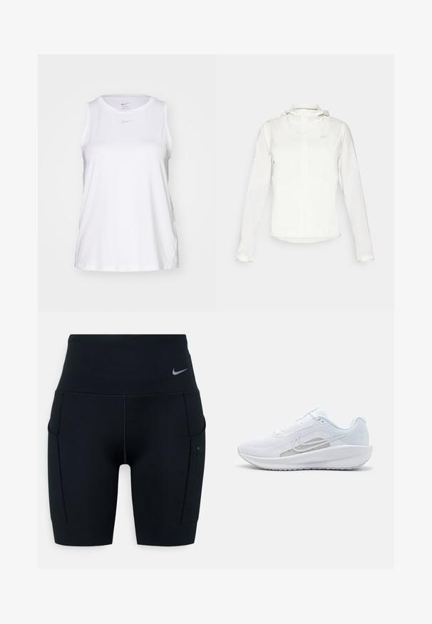 Jachetă albă Nike cu glugă, fermoar pe toată lungimea, manșete elastice și un logo subtil pe piept. Textură netedă și design ușor.; Tricou sport fără mâneci Nike Dri-FIT alb, cu un guler rotund și un logo subtil. Fabricat dintr-un material ușor, care absoarbe umezeala.; Pantaloni scurți sport negri, cu talie înaltă, din material elastic; au buzunare laterale și un mic logo Nike pe talie.; Pantof de atletism alb cu plasă superioară, vârf rotunjit și talpă texturată. Prezentă un logo Nike argintiu și un design minimalist.