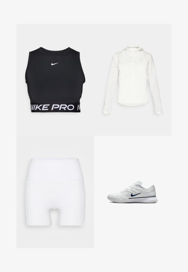 Giacca Nike bianca con cappuccio, zip completa, polsini elasticizzati e un logo discreto sul petto. Texture liscia e design leggero.; Top sportivo nero con collo alto e fascia spessa con "NIKE PRO" in bianco. Realizzato in materiale liscio e elastico. Logo Nike sul petto.; Pantaloni corti bianchi a vita alta realizzati in tessuto elasticizzato. Presentano una texture liscia e un design aderente, senza ulteriori motivi o accessori.; Scarpa sportiva bianca con tomaia in mesh testurizzato, accenti blu navy e suola imbottita con una superficie di presa a motivo. Lacci integrati nel design.
