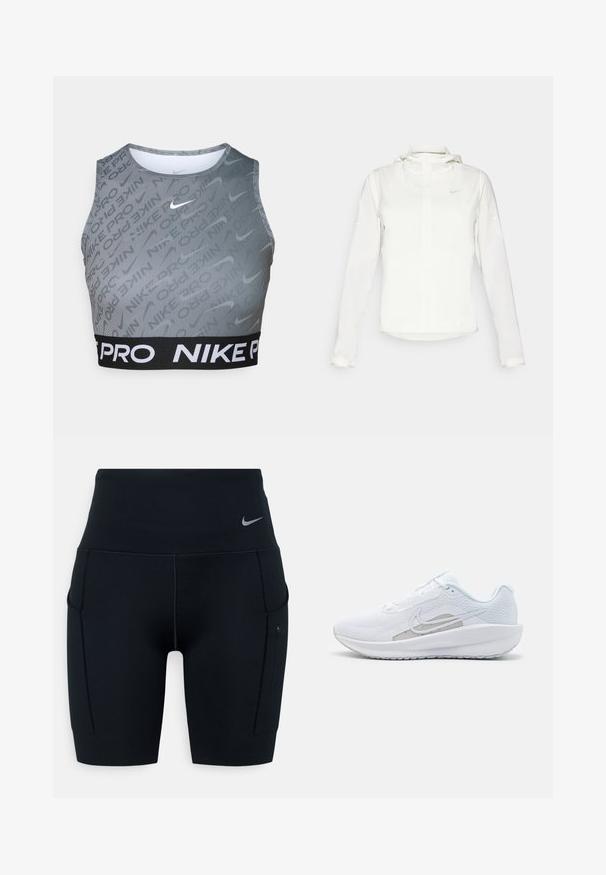 Witte Nike-jack met een capuchon, volledige rits, elastische manchetten en een subtiele logo op de borst. Gladde textuur en lichtgewicht ontwerp.; Nike Pro gecropte sportbeha in grijs met zwarte elastische band. Heeft verticale strepen en een subtiel logopatroon. Glad textuur, mouwloos ontwerp.; Zwarte hoogsluitende sportshorts gemaakt van rekbaar materiaal; heeft zijzakken en een klein Nike-logo op de tailleband.; Witte sportieve schoen met een bovenwerk van mesh, ronde neus en een textuurzool. Beschikt over een zilveren Nike swoosh en een minimalistisch ontwerp.
