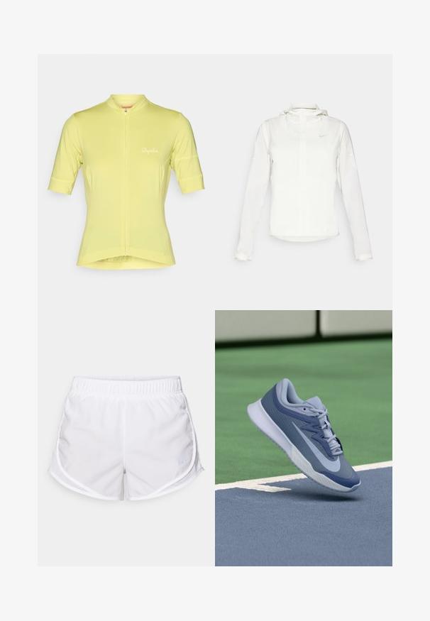 Hvid Nike-jakke med hætte, fuld lynlås, elastiske manchetter og et diskret logo på brystet. Glat tekstur og let design.; Kortærmet cykeltrøje i lys gul, med en delvis frontlynlås og reflekterende "Rapha" logo på brystet. Glat, strækbart stof.; Hvide atletiske shorts lavet af letvægts, åndbart stof. Har en elastisk talje og mesh-sidelapper, med et lille blåt logo som accent.; Sport sneaker i lys blå og marine, med en tekstureret overdel, flade snørebånd og en let hvid sål. Hævdet over en baneoverflade.