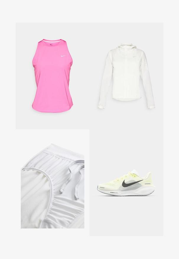 Vit Nike-jacka med huva, hel dragkedja, elastiska ärmslutar och en diskret logotyp på bröstet. Slät textur och lätt design.; Rosa träningslinne i syntetmaterial, med rund halsringning, ärmlös design och en liten vit Nike-logotyp på framsidan.; Vita atletiska shorts med en texturerad midja, samlade sidodetaljer och en platt dragsko. Mjuk tyg med slät yta.; Nike löparskor med ett ljusgult och vitt nätövre, grå detaljer och en flexibel gummisul. Har en snörning för stängning.