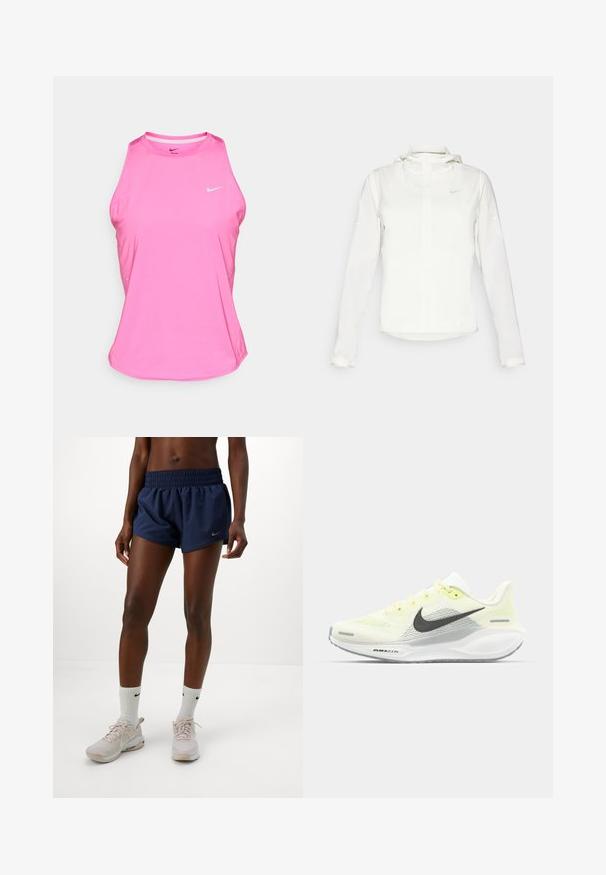 Chaqueta blanca de Nike con capucha, cremallera completa, puños elásticos y un logo sutil en el pecho. Textura suave y diseño ligero.; Top deportivo rosa realizado en material sintético, con un escote redondo, diseño sin mangas y un pequeño logo blanco de Nike en el frente.; Mujer vestida con pantalones cortos atléticos azul marino, calcetines blancos de Nike y zapatillas de Nike rosa claro, de pie frente a un fondo blanco liso.; Zapatillas de correr Nike con una parte superior de malla en amarillo claro y blanco, detalles en gris y una suela de goma flexible. Cuenta con un cierre de cordones.