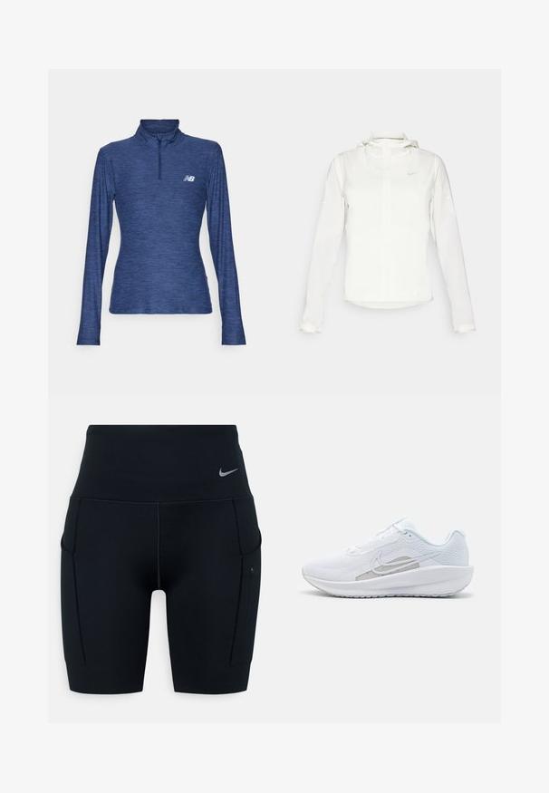 Casaco branco da Nike com capuz, fecho completo, punhos elásticos e um logótipo subtil no peito. Textura suave e design leve.; New Balance SPORT ESSENTIALS SPACE DYE QUARTER ZIP - Camisola de manga comprida - navy heather; Calças curtas atléticas altas pretas feitas de material elástico; apresentam bolsos laterais e um pequeno logótipo da Nike na cintura.; Sapatilha atlética branca com parte superior em rede, bico arredondado e sola texturizada. Apresenta o símbolo Nike em prata e um design minimalista.