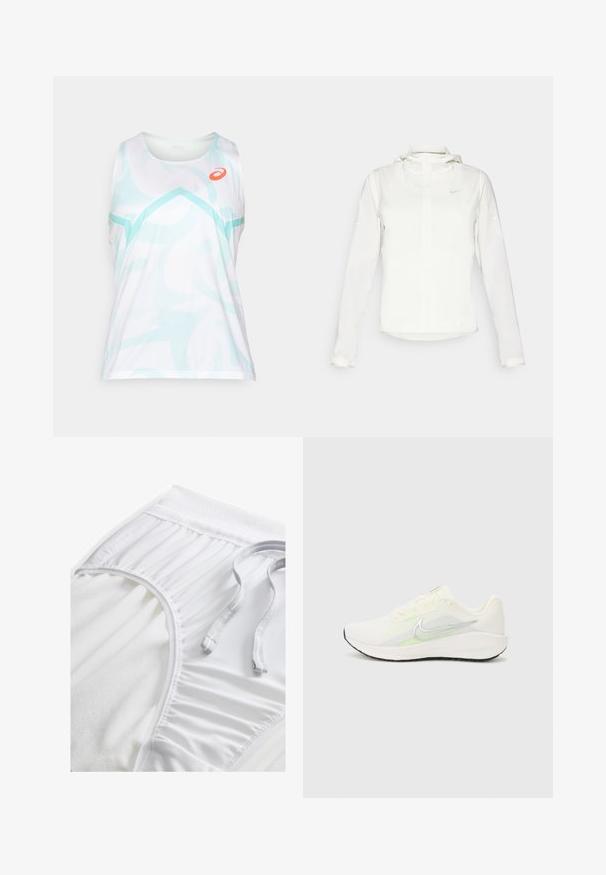 Giacca Nike bianca con cappuccio, zip completa, polsini elasticizzati e un logo discreto sul petto. Texture liscia e design leggero.; Canottiera bianca con motivo astratto blu chiaro, caratterizzata da un colletto tondo e dal design senza maniche. Logo arancione sul lato sinistro superiore.; Pantaloni sportivi bianchi con una vita testurizzata, dettagli arricciati sui lati e un cordino piatto. Tessuto morbido con finitura liscia.; Nike Performance DOWNSHIFTER 13 - Scarpe da corsa su strada - sail/silver-coloured photon dust/summit white/barely volt/black