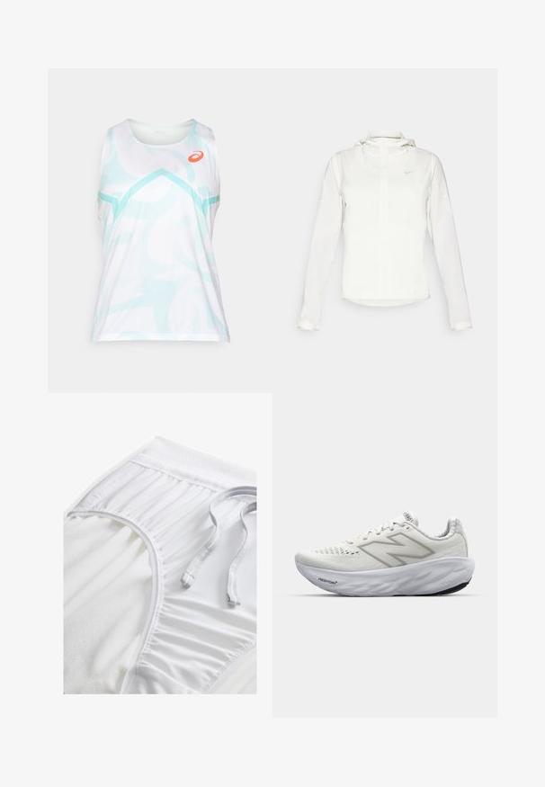 Bílá bunda Nike s kapucí, plným zipem, elastickými manžetami a decentním logem na hrudi. Hladká textura a lehký design.; Bílý tílko s světle modrým abstraktním vzorem, s kulatým výstřihem a bez rukávů. Oranžové logo na horní levé straně.; Bílé sportovní šortky s texturovaným pasem, na bocích s nabíranými detaily a plochou šňůrkou. Měkká látka s hladkým povrchem.; Bílé sportovní boty s síťovaným svrškem, vybavené polstrovaným límcem, texturovanou podrážkou a logem "Fresh Foam" na mezipodešvi.
